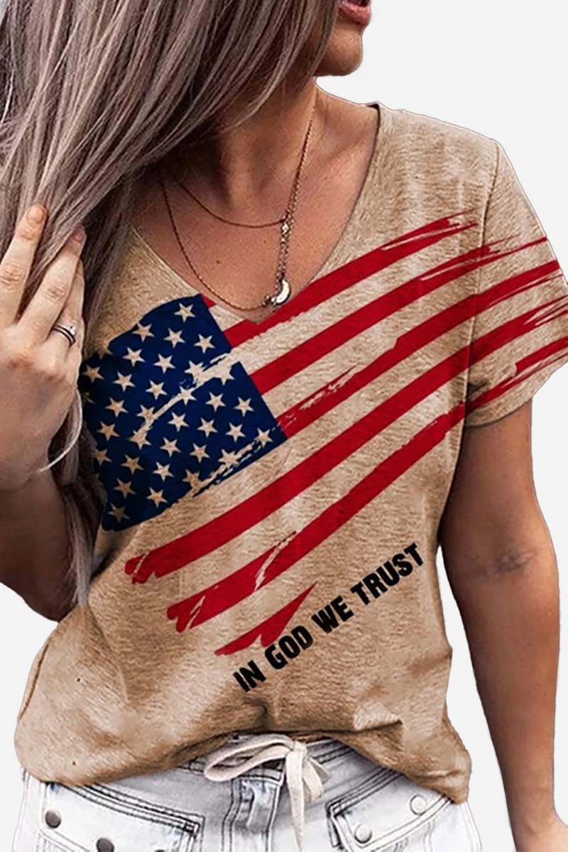 Independence Day V Neck Short Sleeve Cotton T-shirt