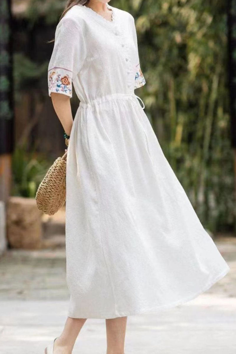 Linen V Neck Button Up Embroidery Short Sleeve Tie Up Ruched Wide Hem Casual Midi Dress