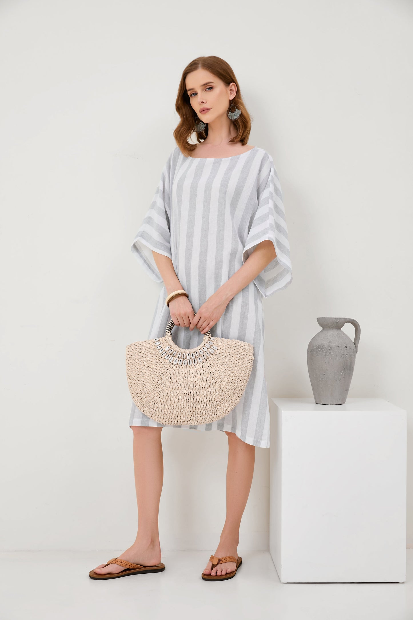 Cropped Sleeves Round Neck Cotton And Linen Comfort Dress