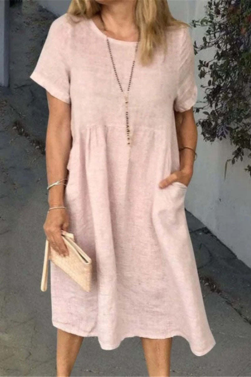 Plain Round Neck Short Sleeve Pocket Linne Midi Dress