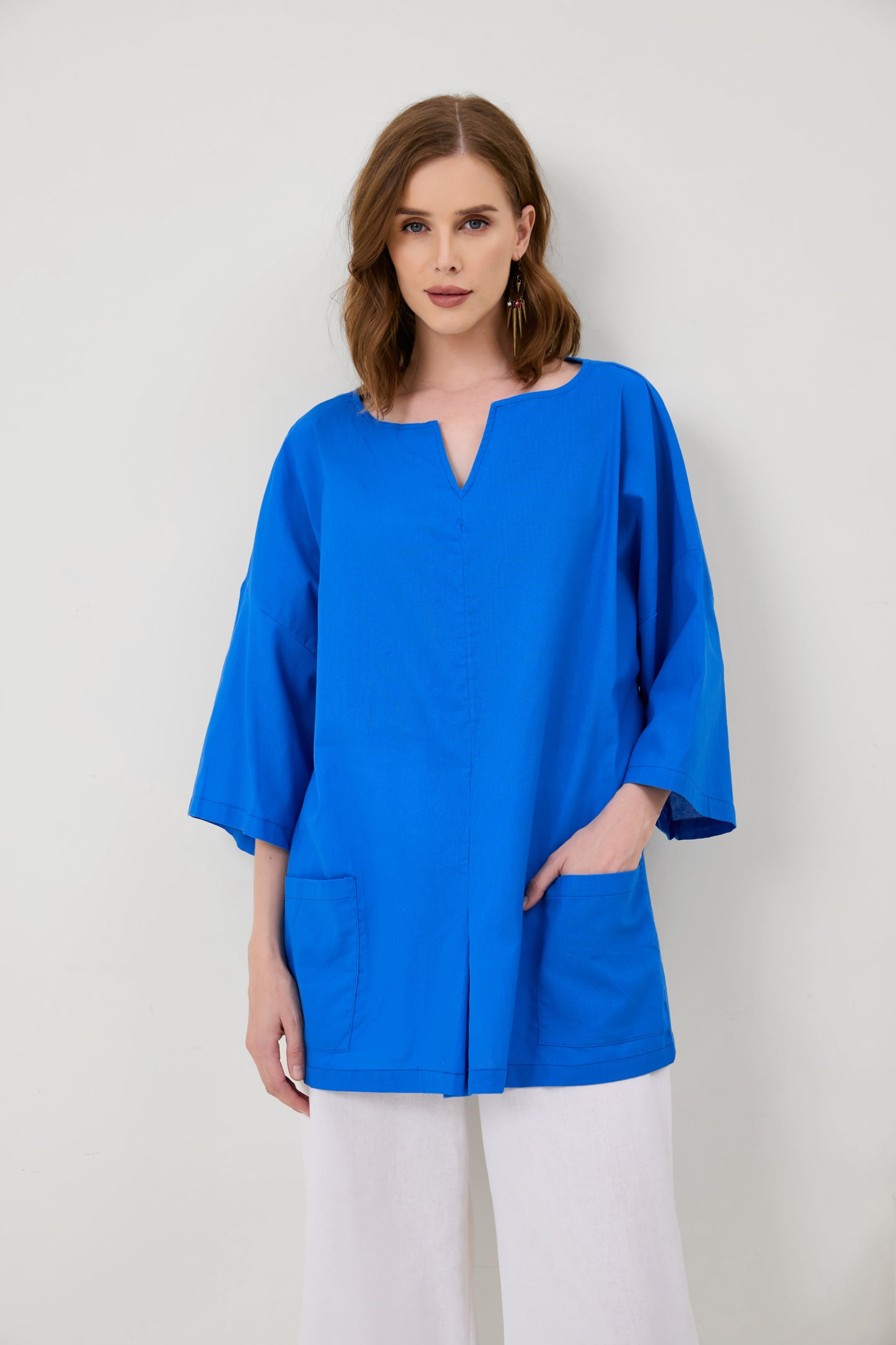 Cotton-Linen V-Neck Hem Slit Top