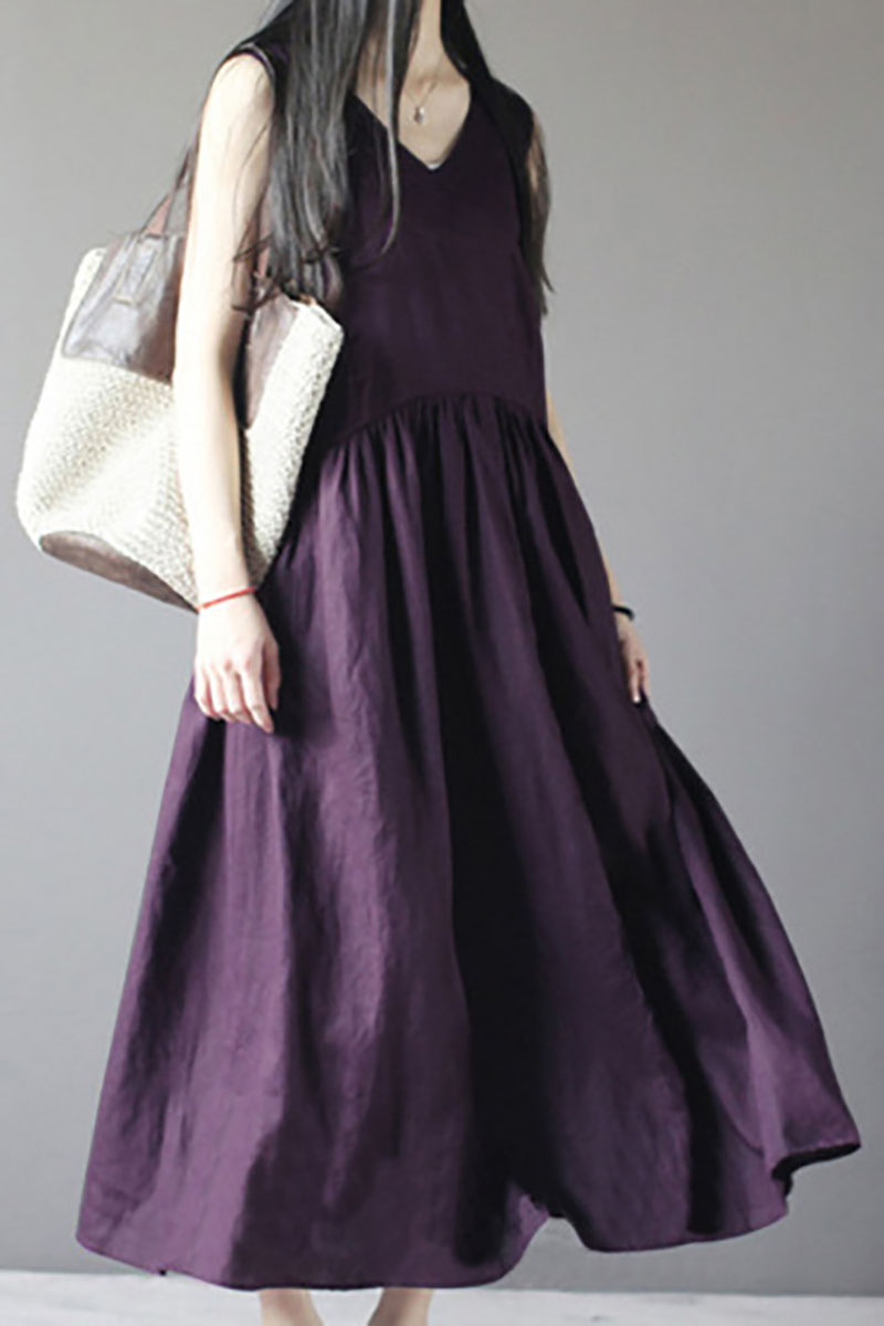 Sleeveless V Neck Tank Linen Casual Maxi Dress