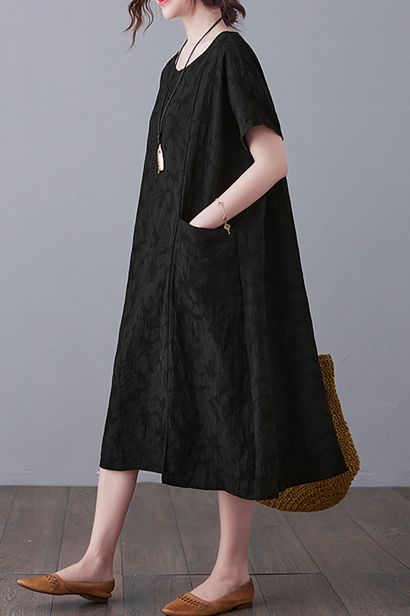 Round Neck Short Sleeve Linen Midi Dress