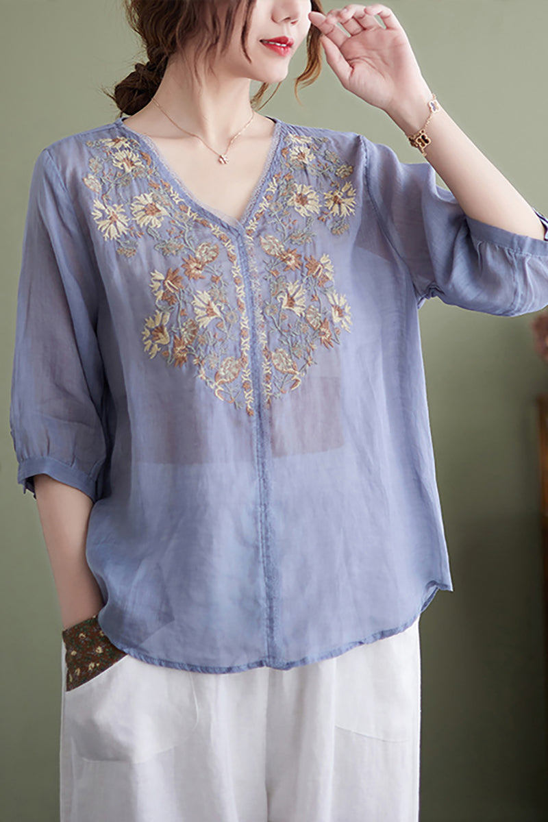 V Neck Floral Embroidery Three Quarter Sleeve Linen Top