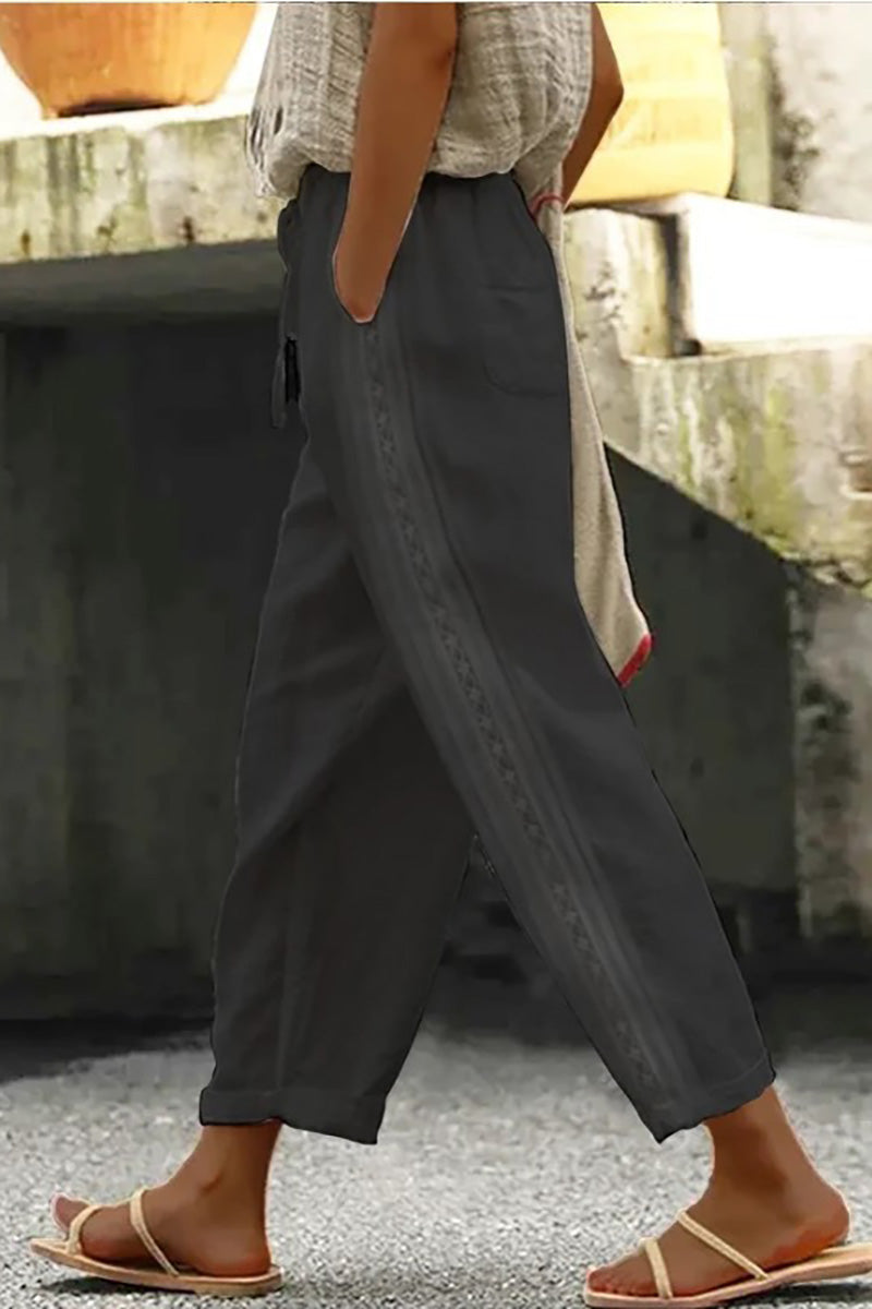 Patchwork Drawstring Pocket Linen Straight Leg Pants