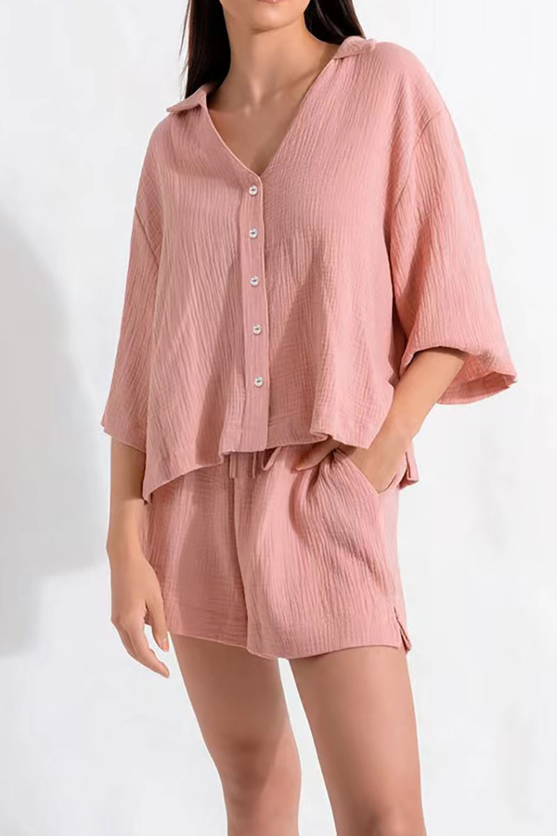 V Neck Button Half Flare Sleeve Top Drawstring Slit Pocket Shorts Pink Pleated Linen Casual Matching Set
