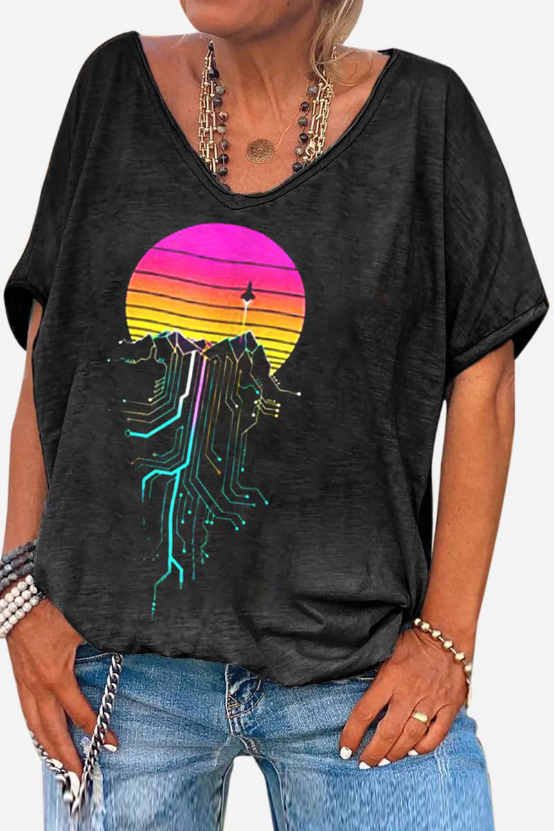 V Neck Short Sleeve Circuit Board Graphic Black Top
