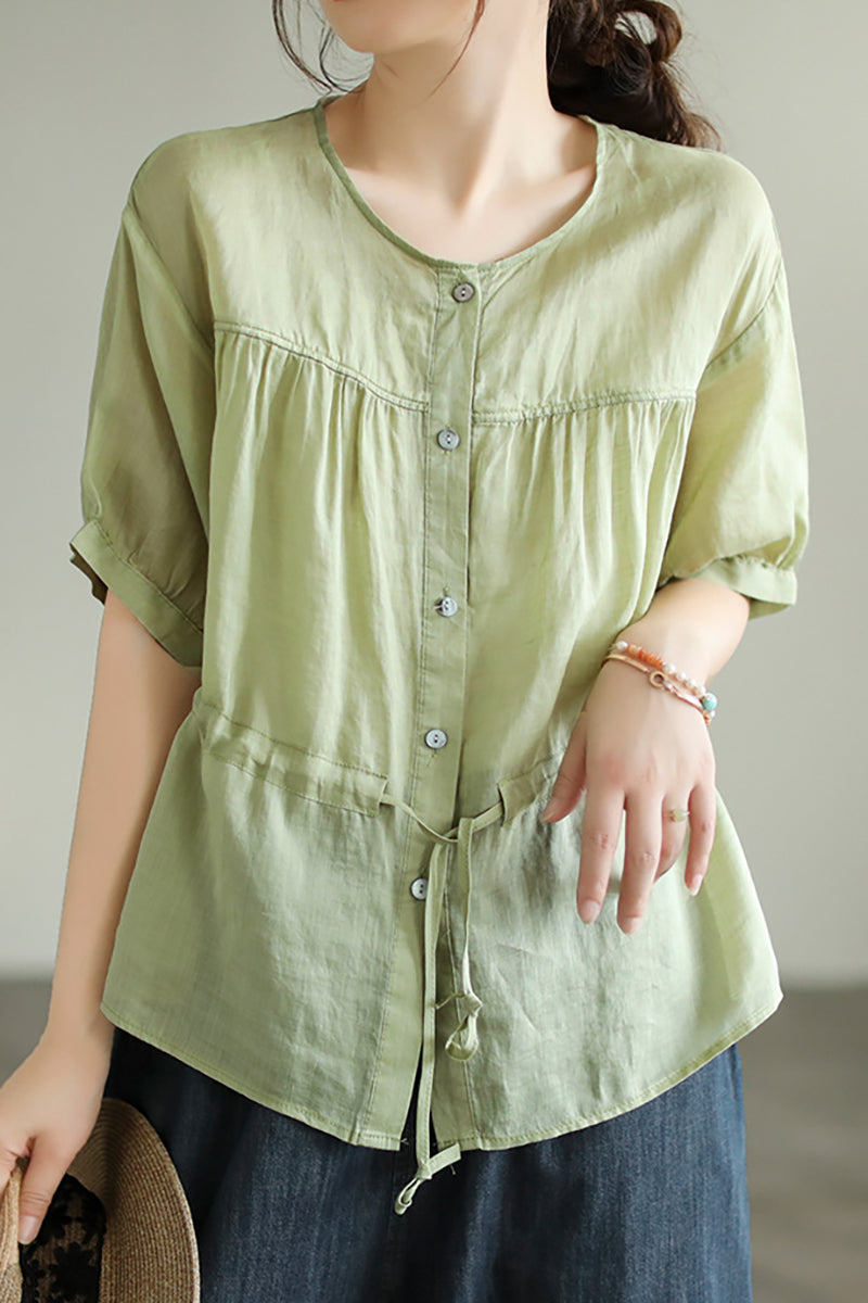 Half Sleeve Button Round Neck Drawstring Linen Top