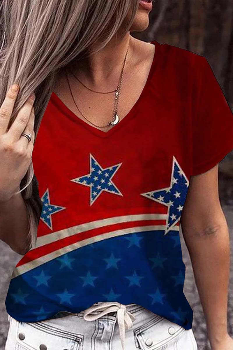 Independence Day V Neck Short Sleeve Cotton T-shirt