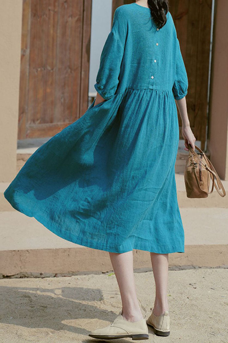 Linen Three Quarter Sleeve Round Neck Wide Hem Pleated Casual Midi Dress