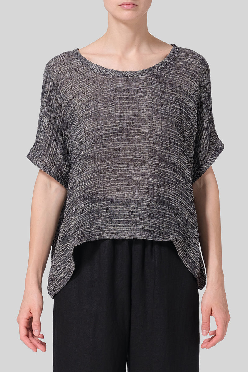 Linen Gray Round Neck Short Sleeve Irregular Hem Top Pre Order