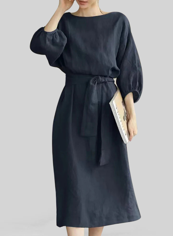 Linen Half Puffy Sleeve Tied Up Pleated Midi Dresses