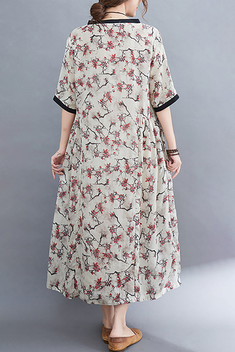 Half Sleeve V Neck Floral Print Linen Midi Dress