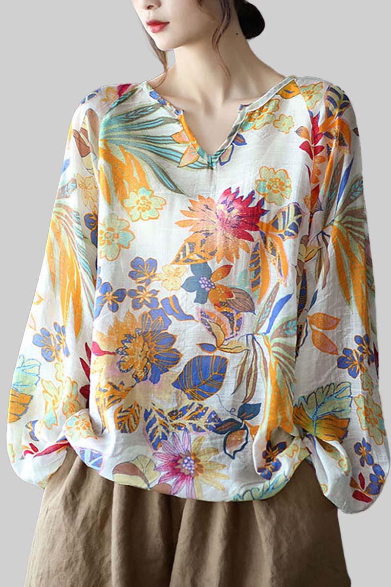 Cotton Linen Beige Long Sleeve V Neck Floral Print Top