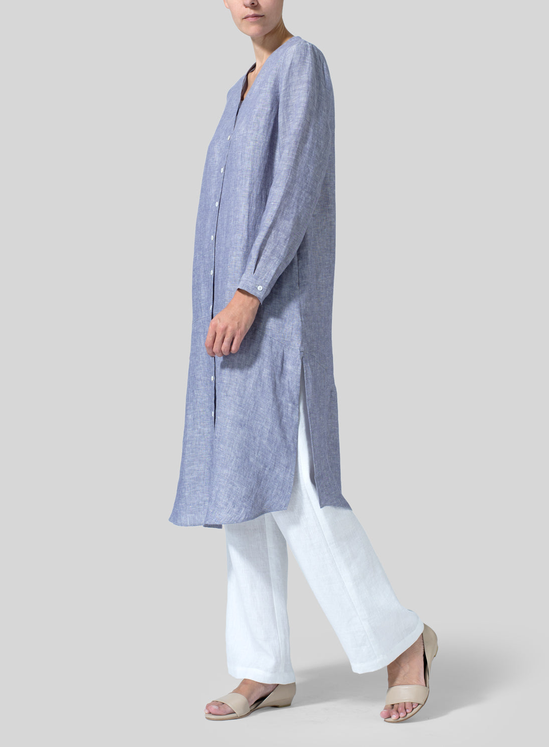Womens Quality Cotton Linen V-Neck Long Shirt