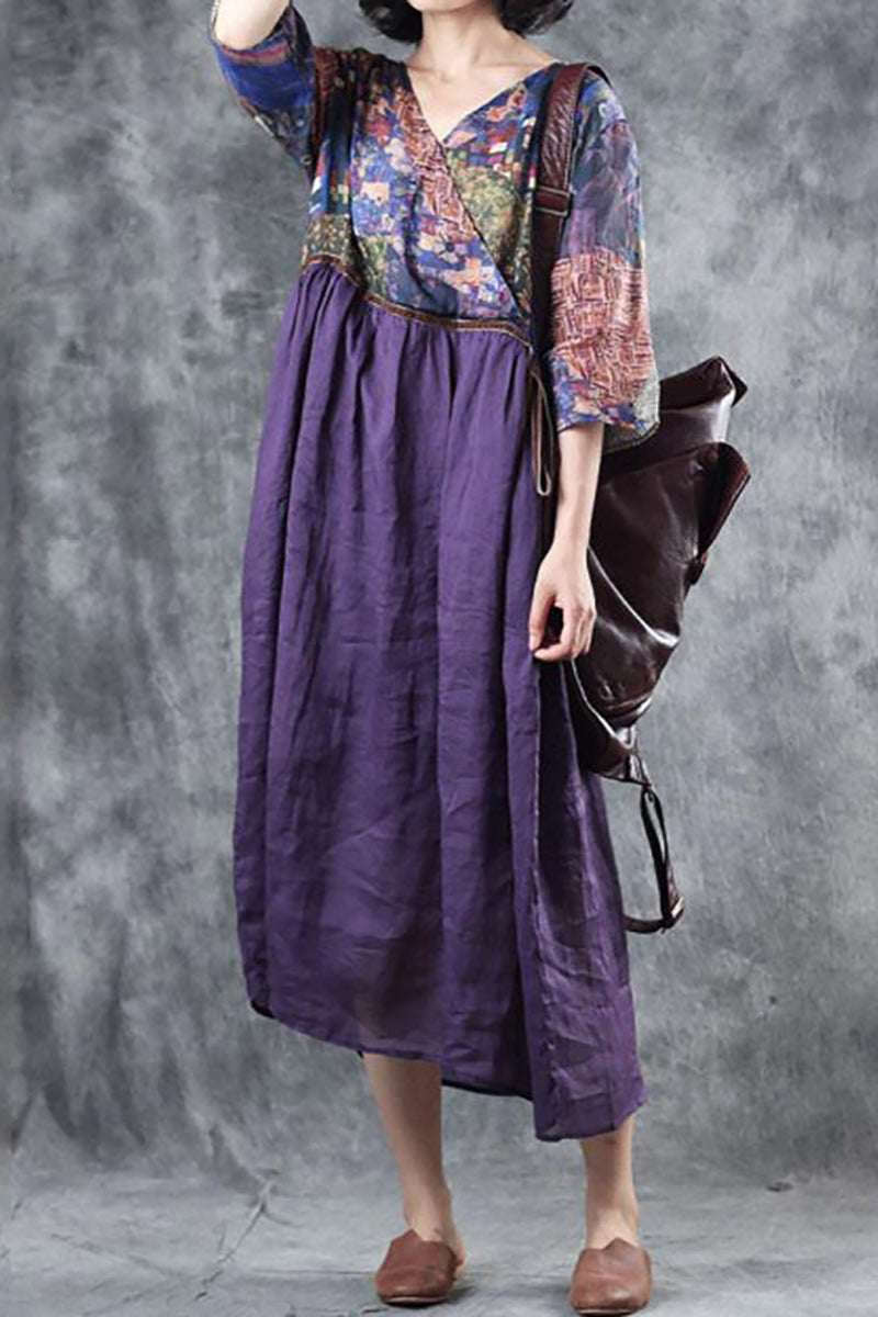 Linen Purple Half Sleeve V Neck Pattern Print Midi Dress