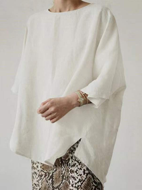 Cotton And Linen Solid Color Retro Round Neck Fashion Loose Top