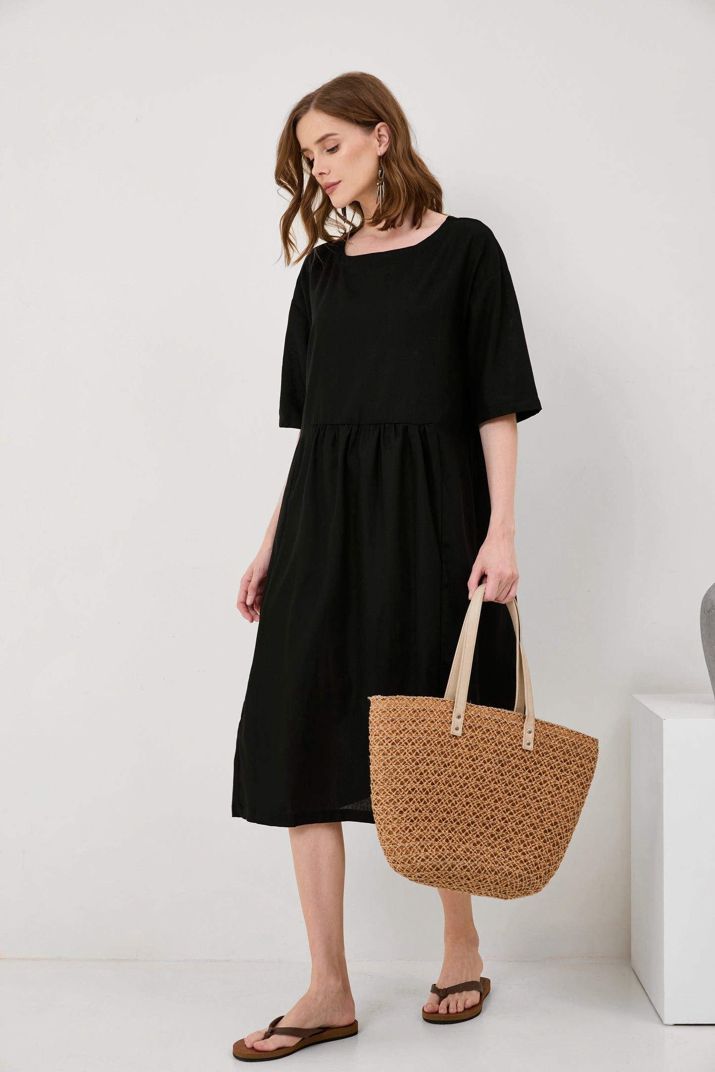 Cotton And Linen A-Line Midi Dress