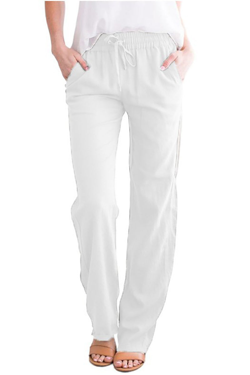 Linen Drawstring Waist Pocket Casual Straight Pants