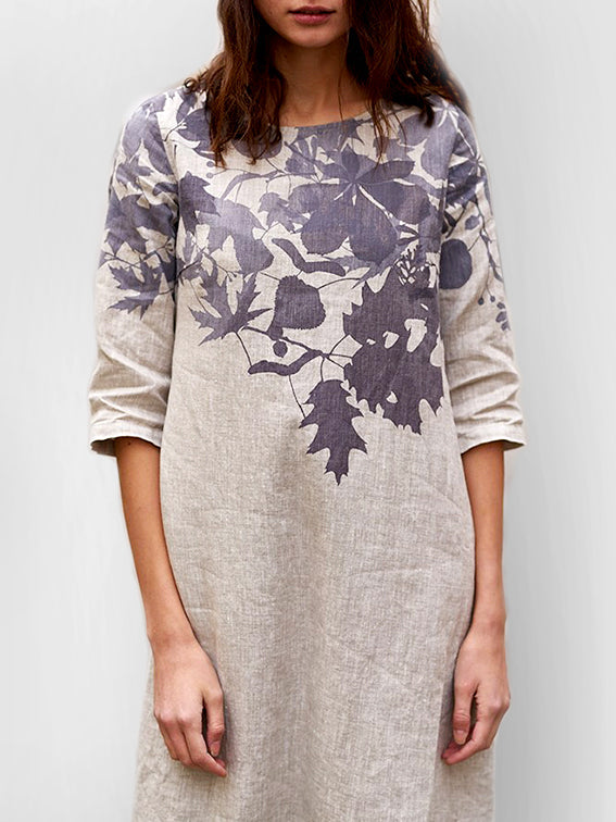 Cotton-Linen Floral Print Mid-Sleeve Dress