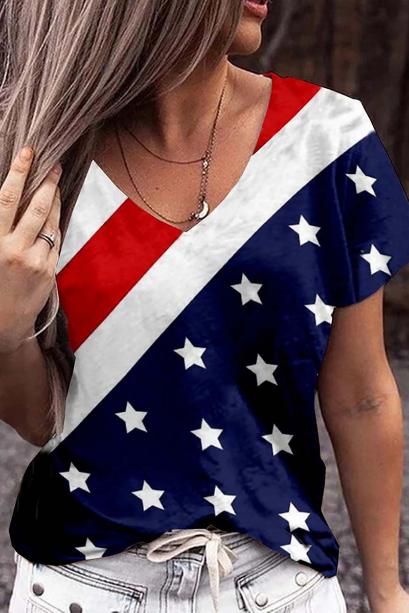 Independence Day V Neck Short Sleeve Cotton T-shirt