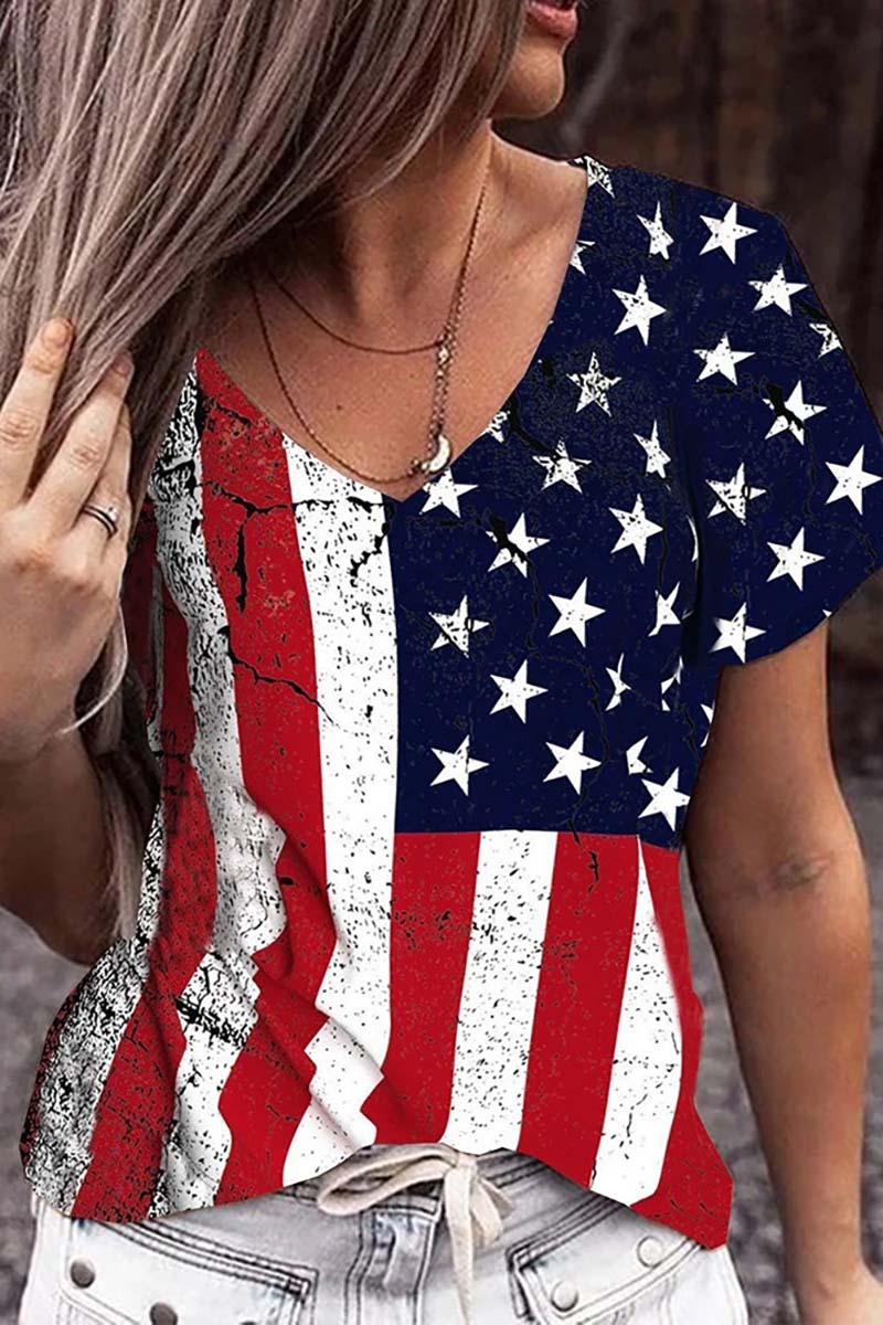 Independence Day V Neck Short Sleeve Cotton T-shirt