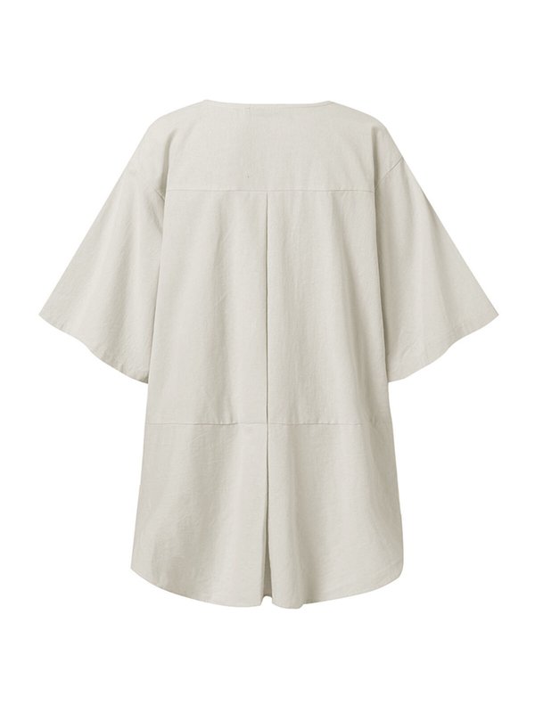 Cotton And Linen Solid Color Retro Round Neck Fashion Loose Top