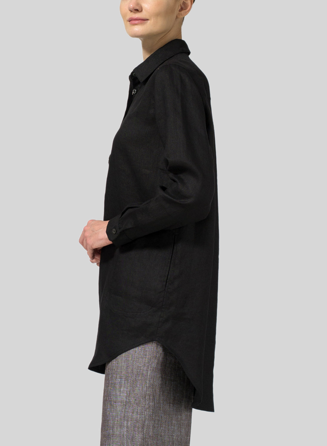 Womens Linen Classic Collar Half Button-Up Shirt