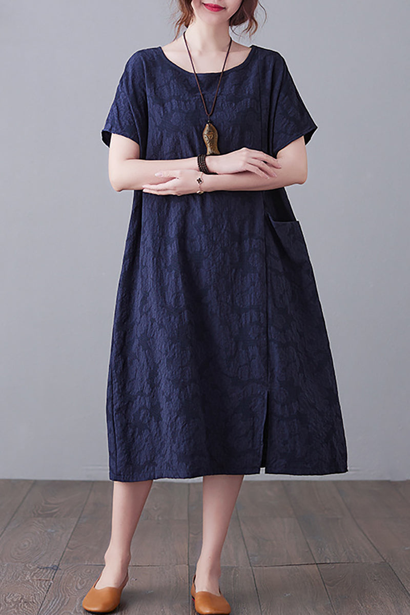 Round Neck Short Sleeve Linen Midi Dress
