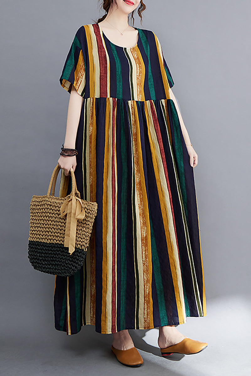 Linen Green Print Short Sleeve Round Neck Maxi Dress