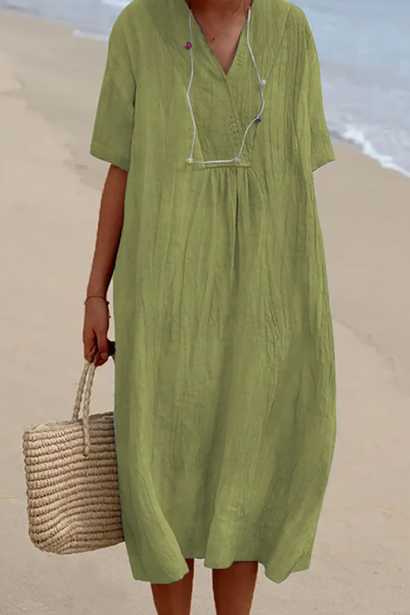 Linen V Neck Short Sleeve Midi Dress