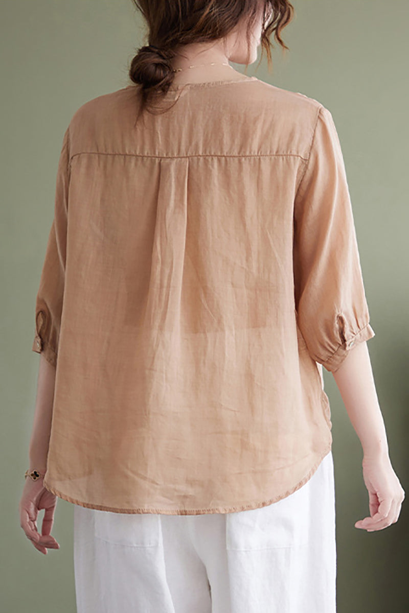 V Neck Floral Embroidery Three Quarter Sleeve Linen Top