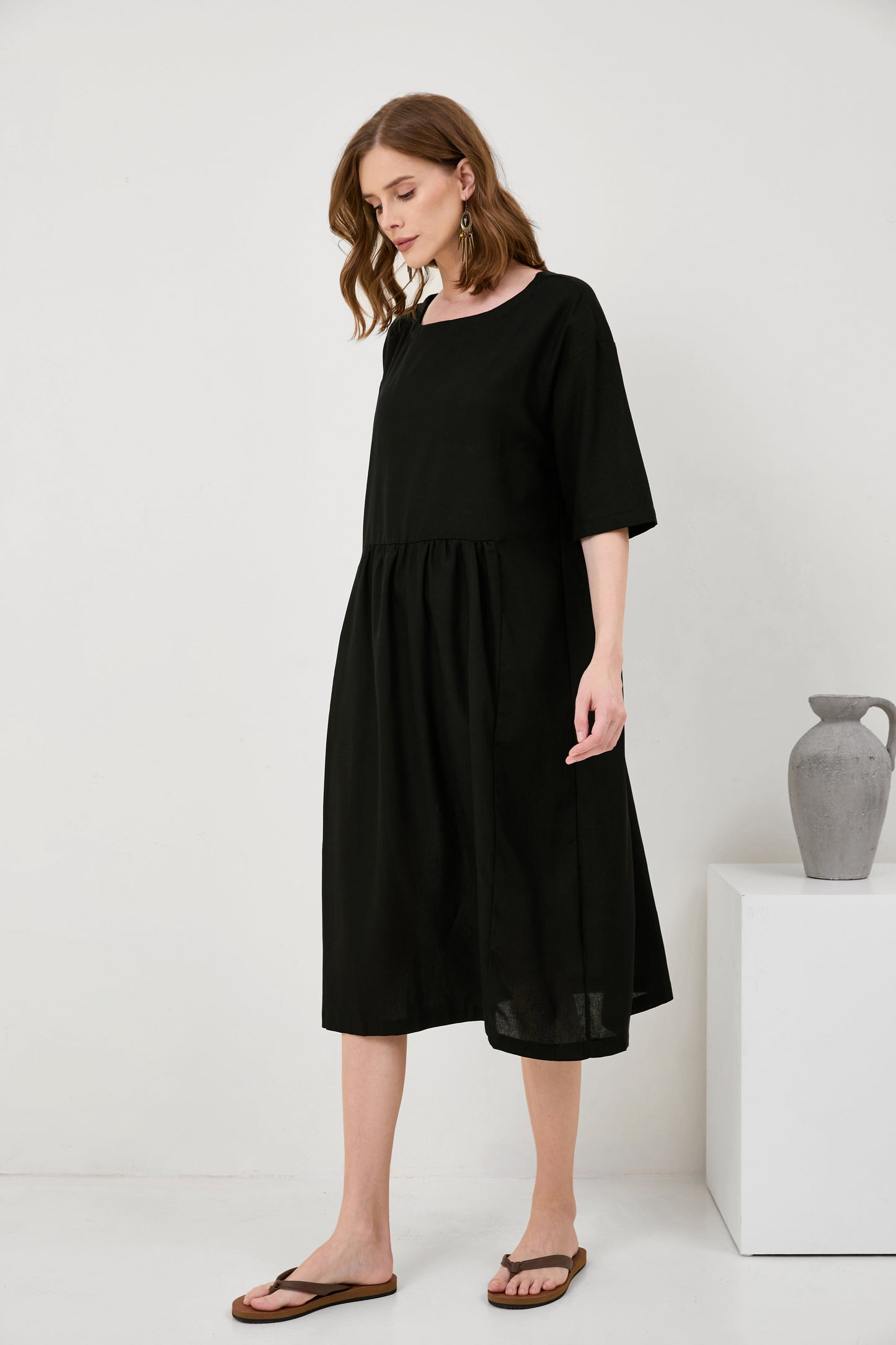 Cotton And Linen A-Line Midi Dress