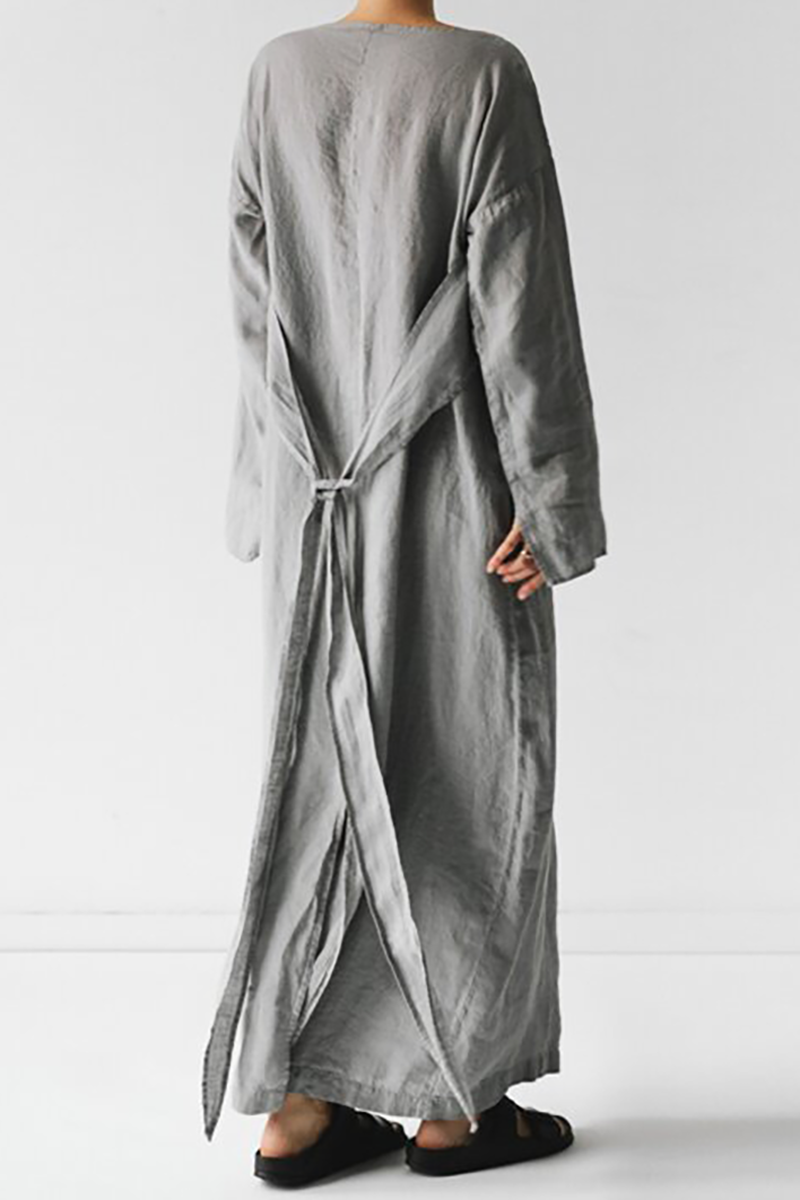 Linen Boat Neck Long Sleeve Tie Up Loose Fit Casual Maxi Dress