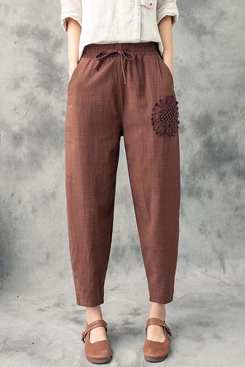 Embroidered pocket drawstring linen harem pants