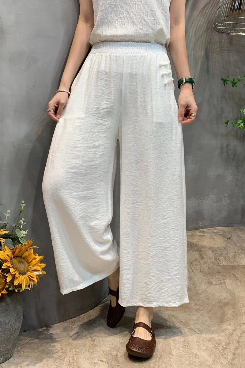 Pocket Chinese Knot Button Wide Leg Cropped Linen Pants