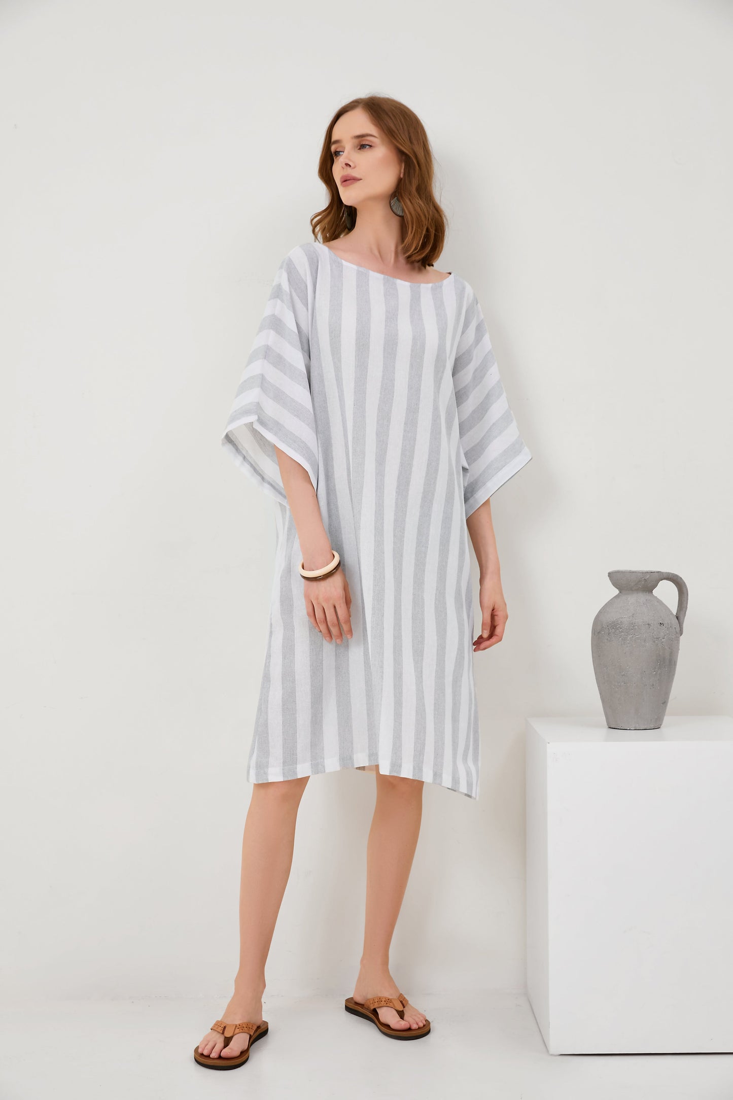 Cropped Sleeves Round Neck Cotton And Linen Comfort Dress