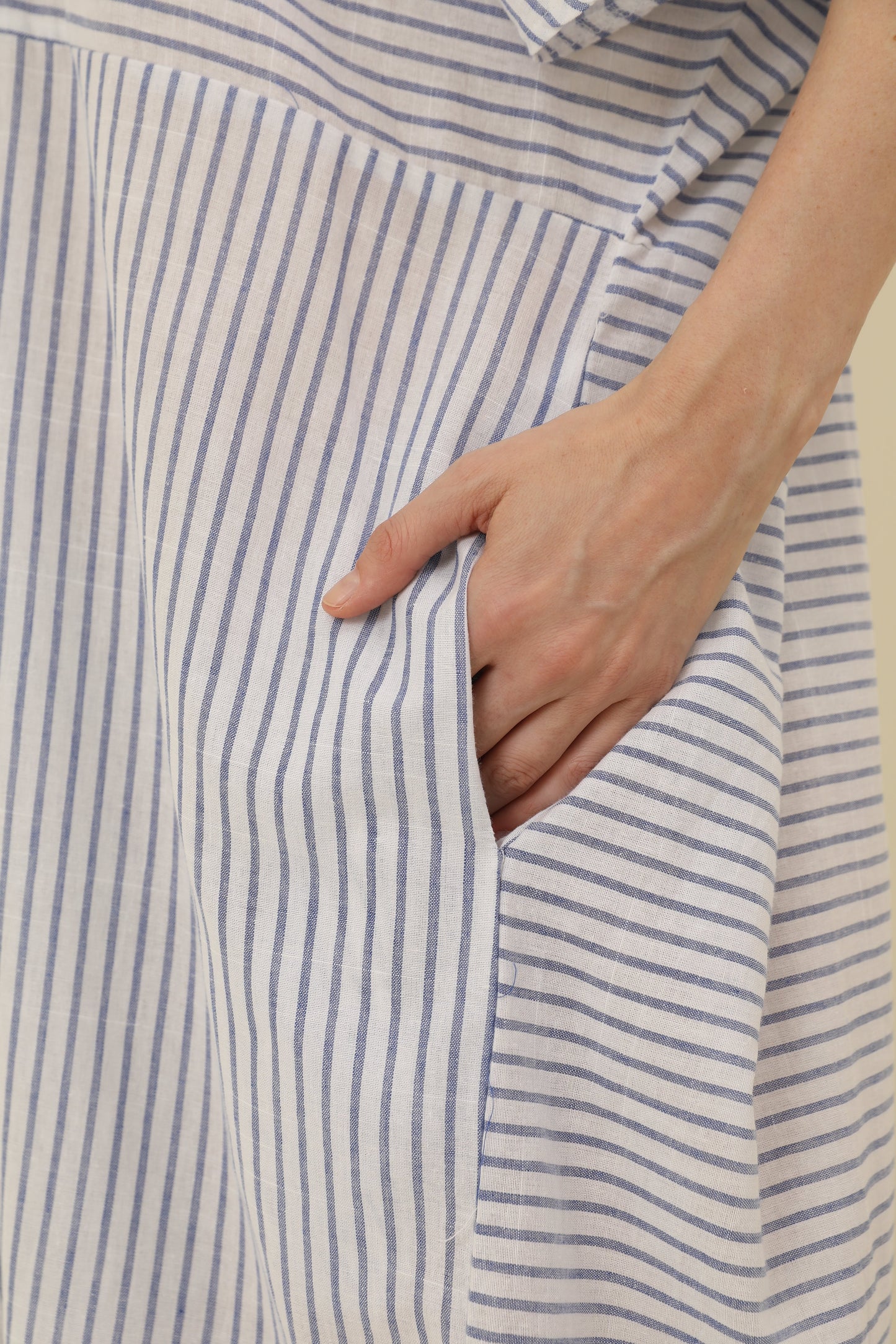 Flared Sleeve V-Neck Striped Panel Fashion Long Dress