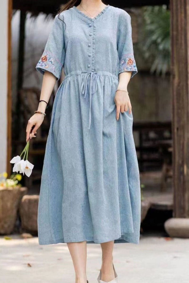 Linen V Neck Button Up Embroidery Short Sleeve Tie Up Ruched Wide Hem Casual Midi Dress