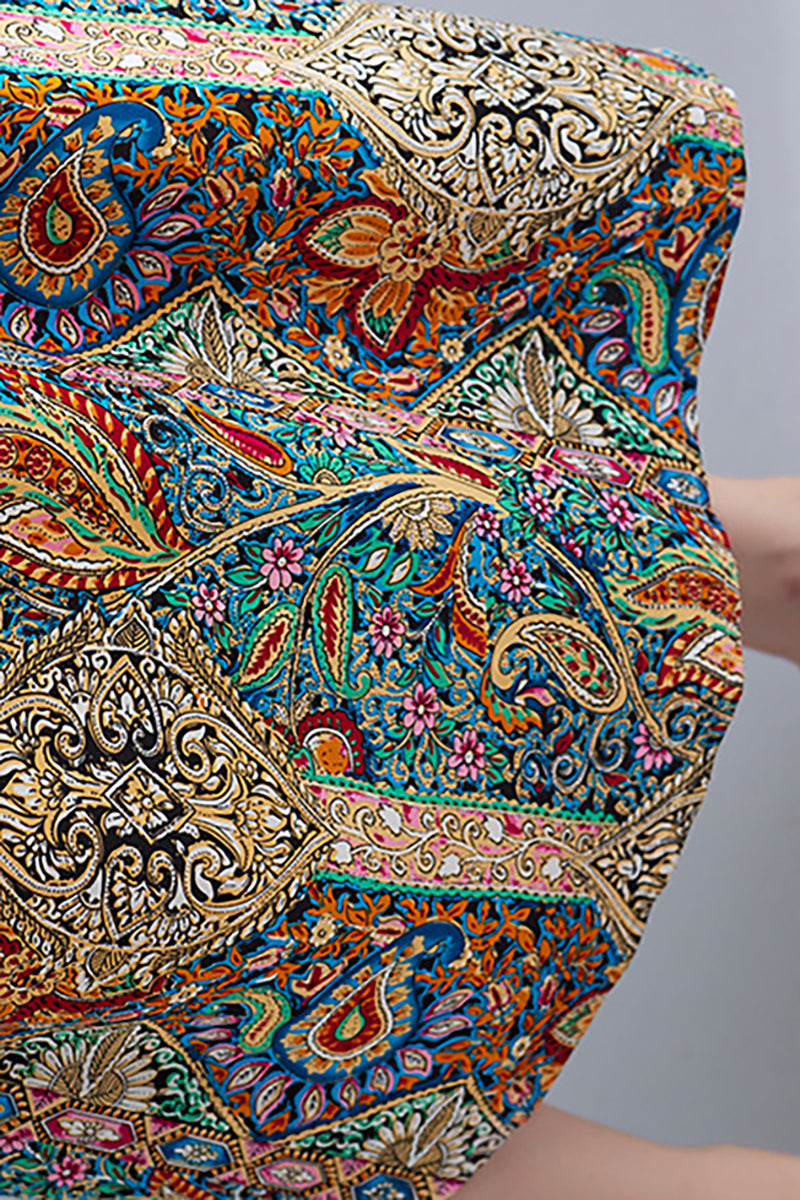 V Neck Short Sleeve Linen Print Midi Dress