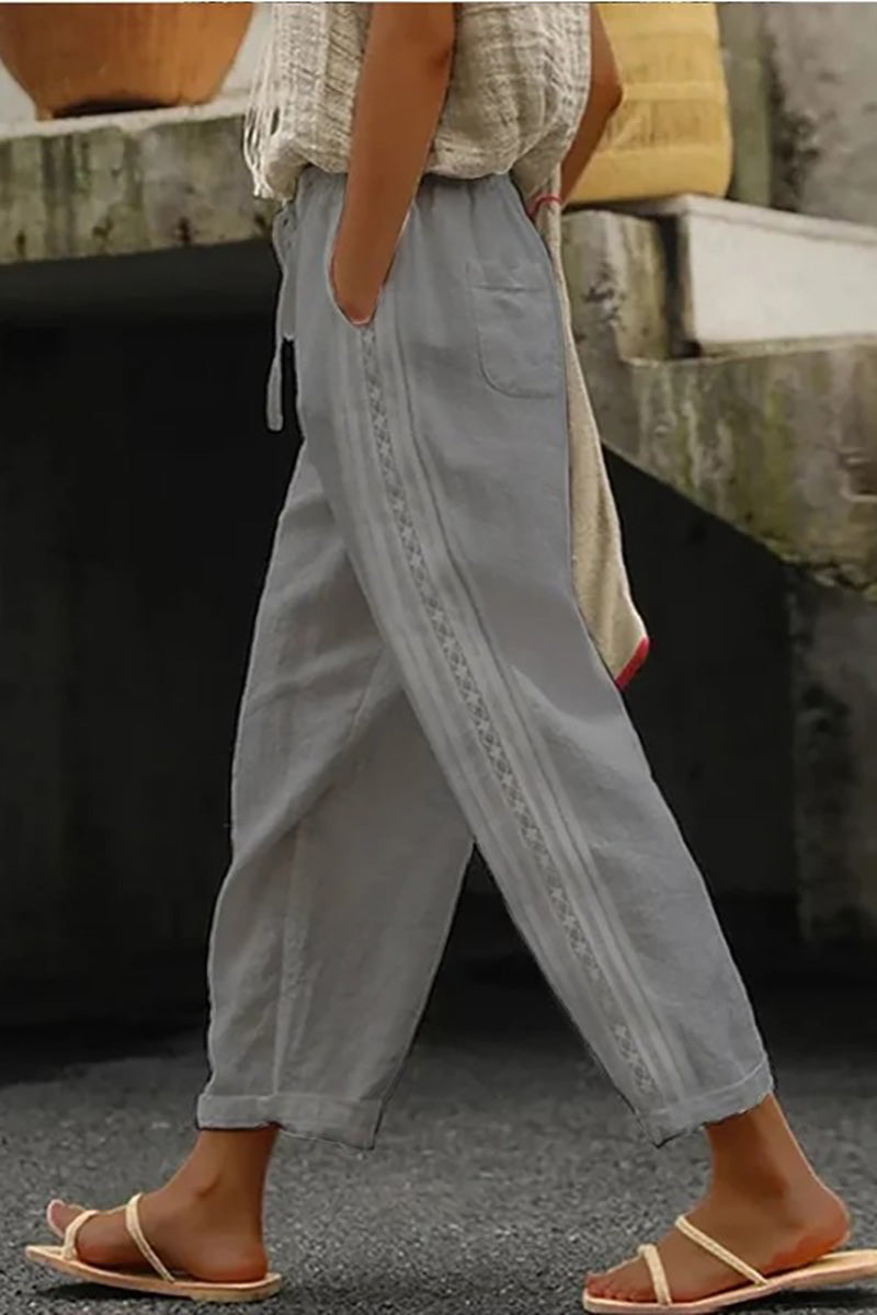 Patchwork Drawstring Pocket Linen Straight Leg Pants
