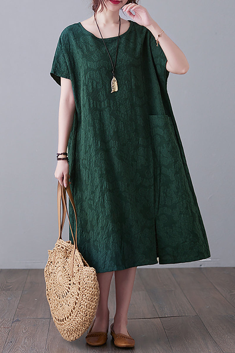 Round Neck Short Sleeve Linen Midi Dress