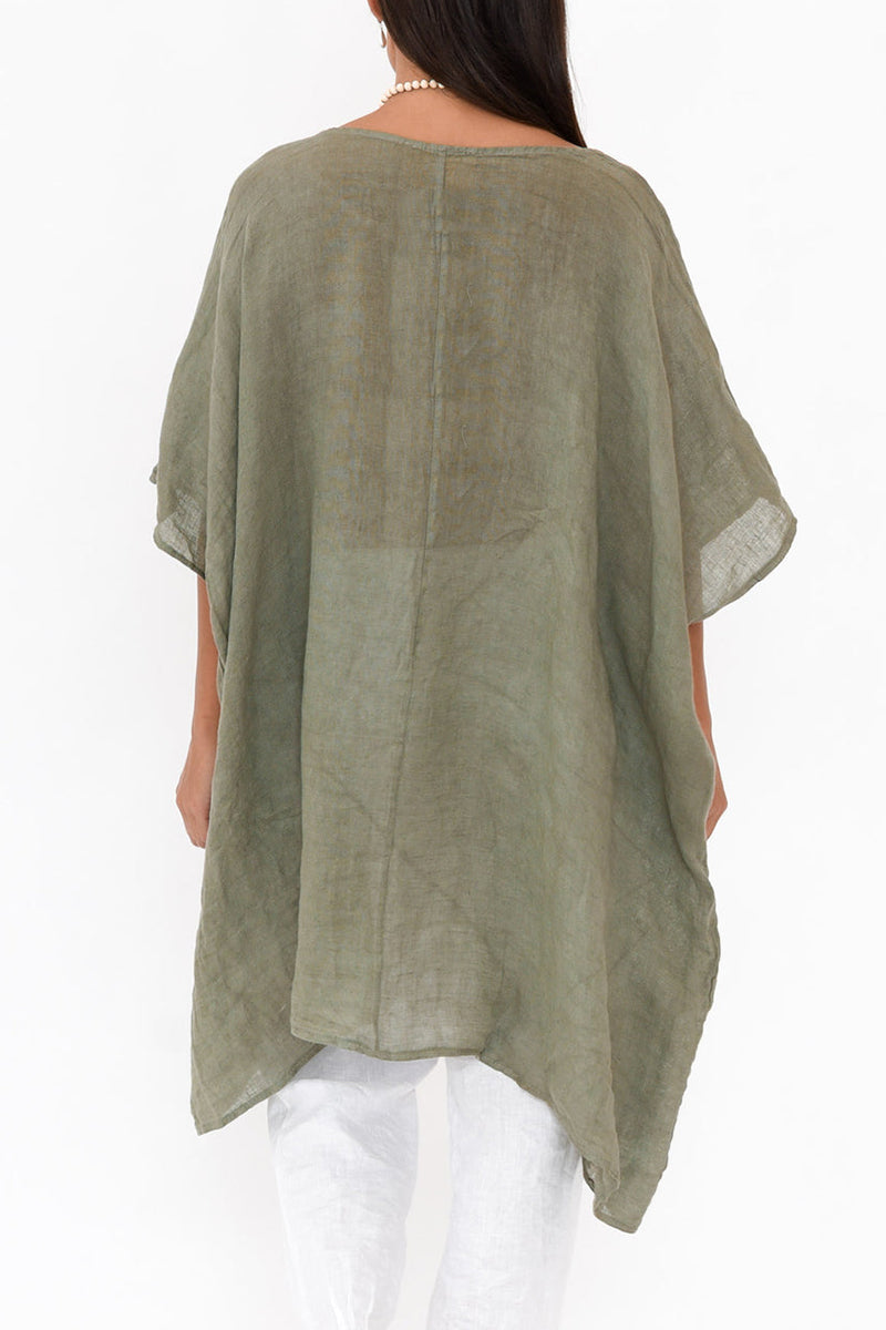 Linen Green Round Neck Bat Wing Sleeve Irregular Hem Top Pre Order