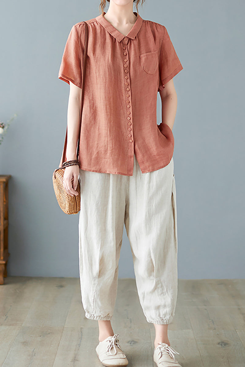 V Neck Short Sleeve Button Pocket Linen Blouse