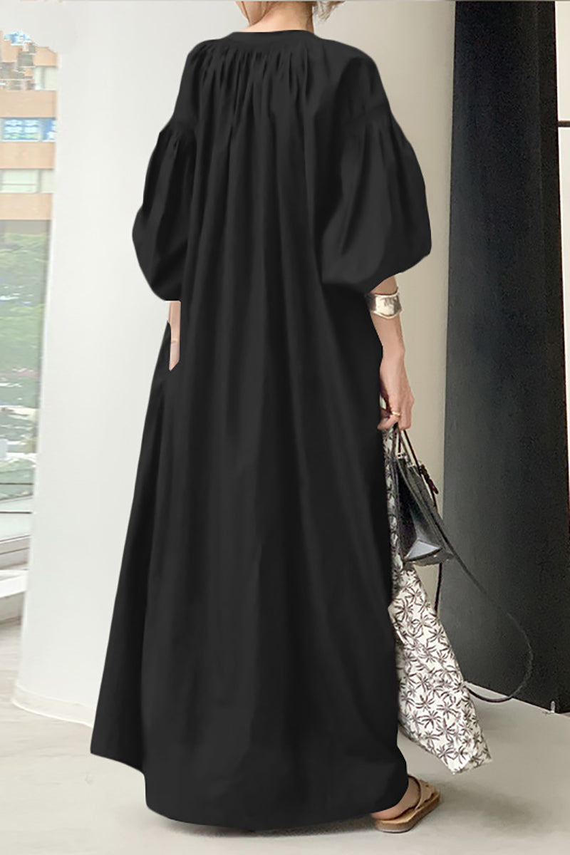 Long Lantern Sleeve Pocket Button Up Pleated Neck Casual Linen Dress