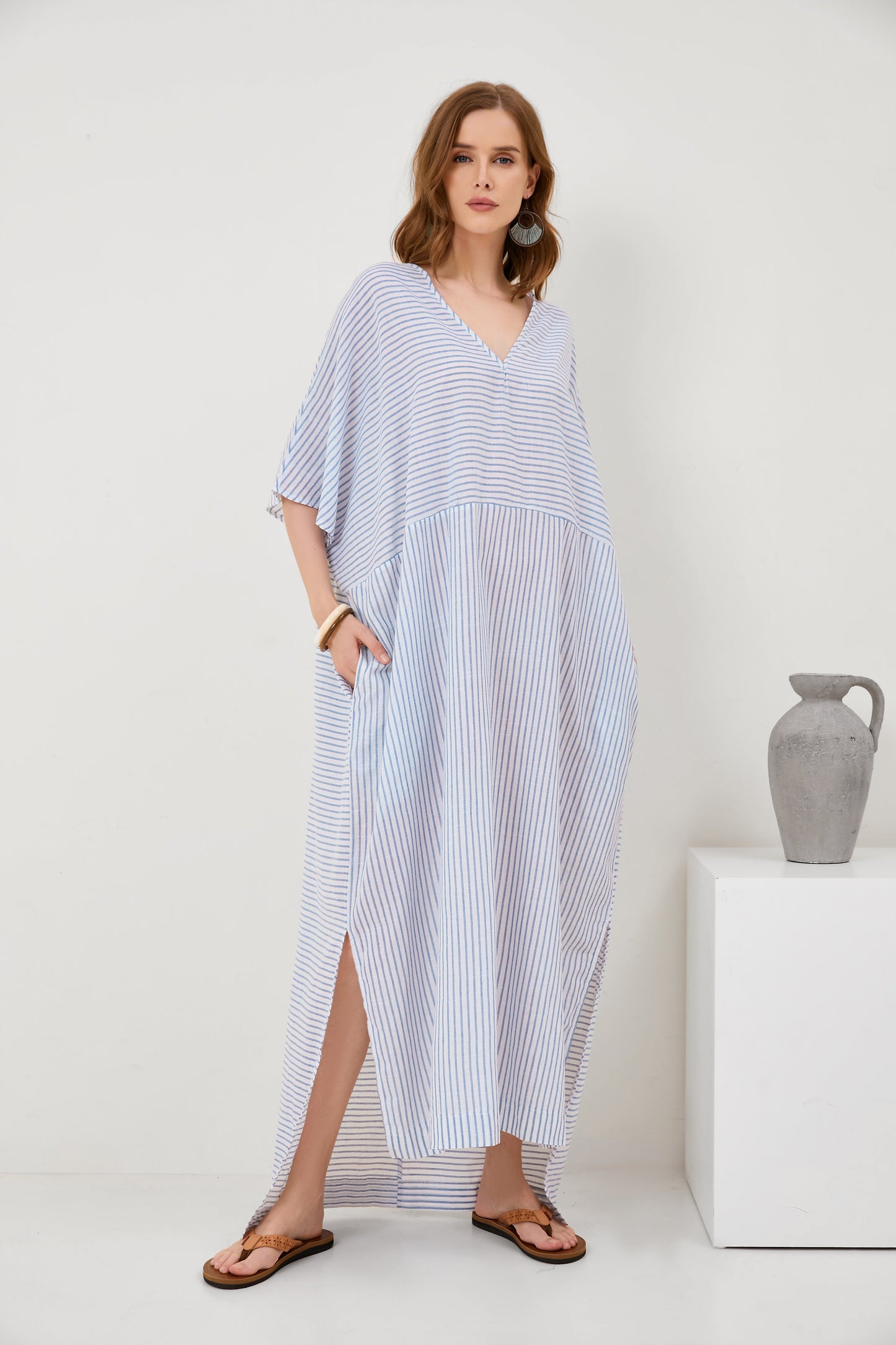 Flared Sleeve V-Neck Striped Panel Fashion Long Dress