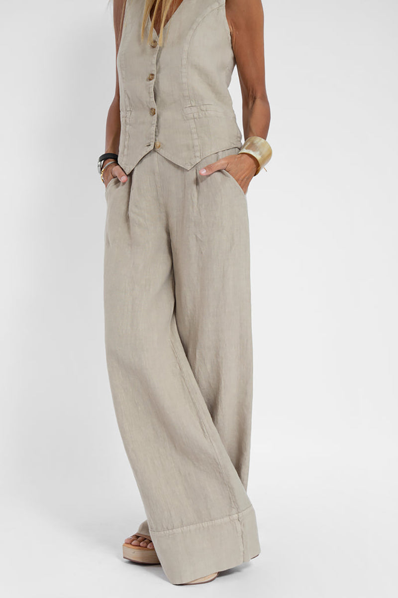 Pocket Wide Leg Pleated Linen Beige Pants Pre Order