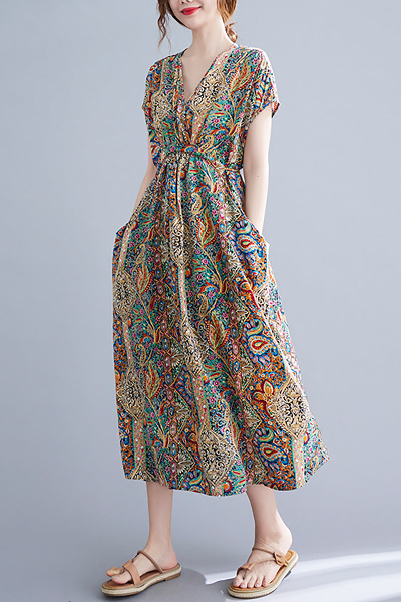 V Neck Short Sleeve Linen Print Midi Dress