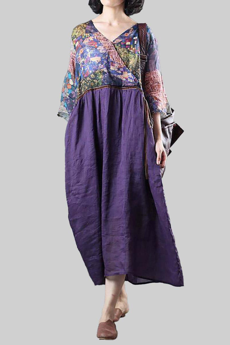 Linen Purple Half Sleeve V Neck Pattern Print Midi Dress