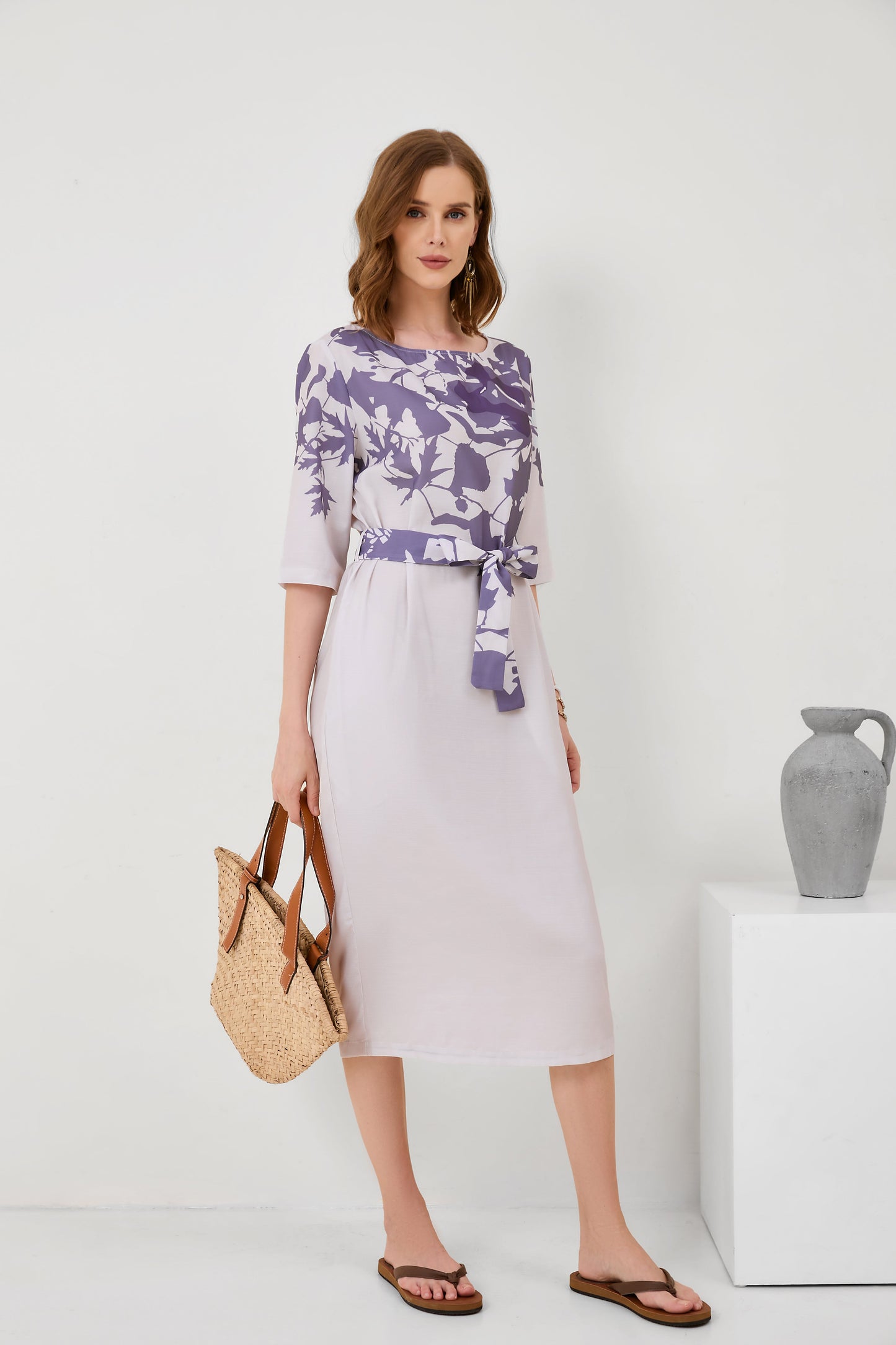 Cotton-Linen Floral Print Mid-Sleeve Dress